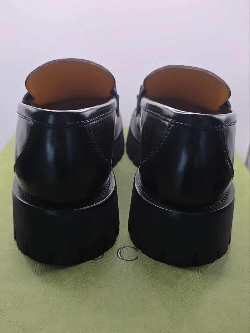 Gucci Black Patent Leather Platform Chain Loafers